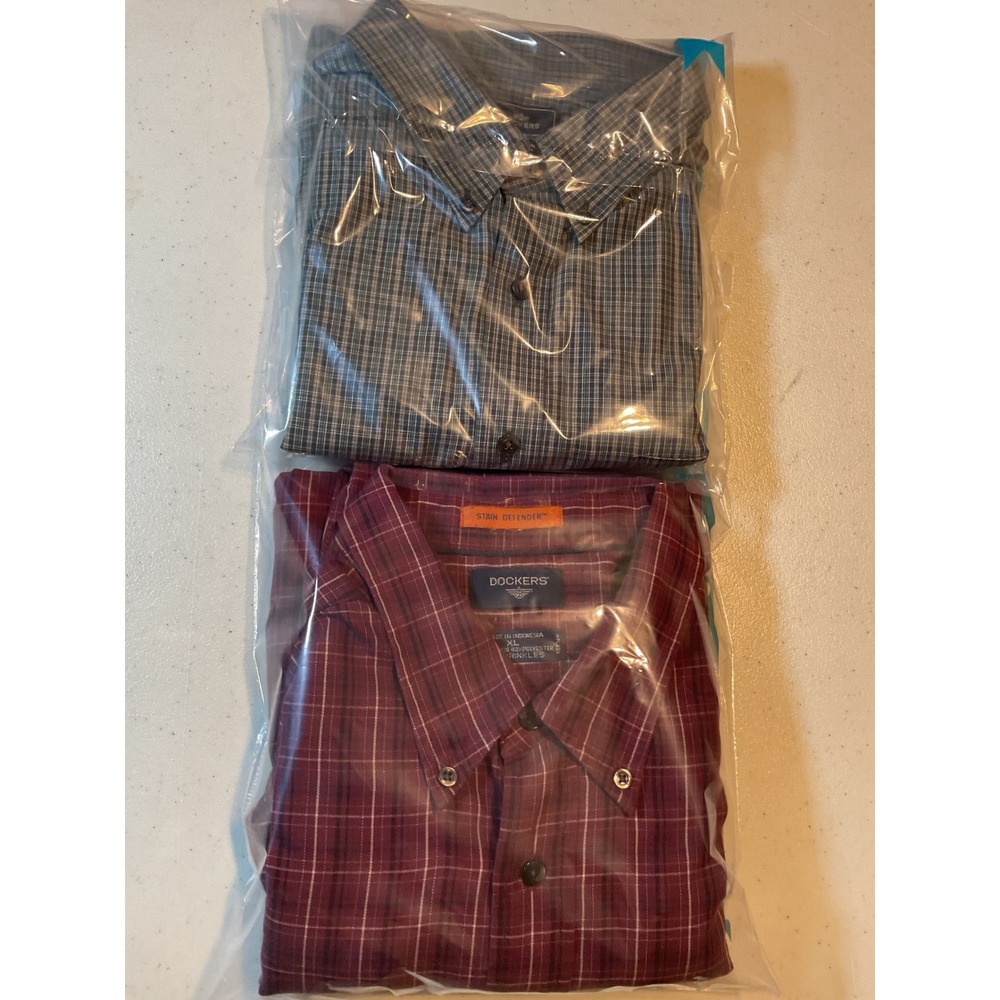 2 Dockers‎ Mens XL Plaid Button Down Shirt Bundle Burgundy Green Long Sleeve